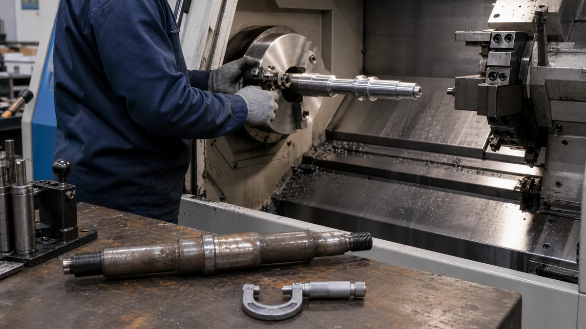 Fabricación local de un eje de bomba en torno CNC junto a la pieza original desgastada