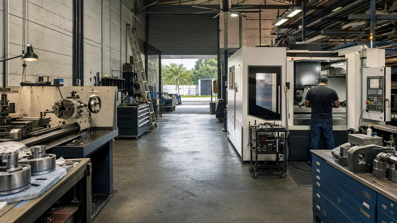 Interior de un taller equipado con torno convencional y centro de maquinado CNC
