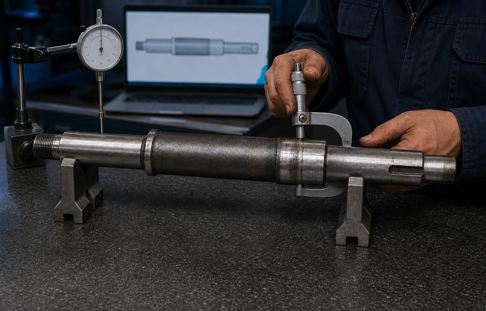 Metrología dimensional del mismo eje de bomba con micrómetro e indicador de carátula