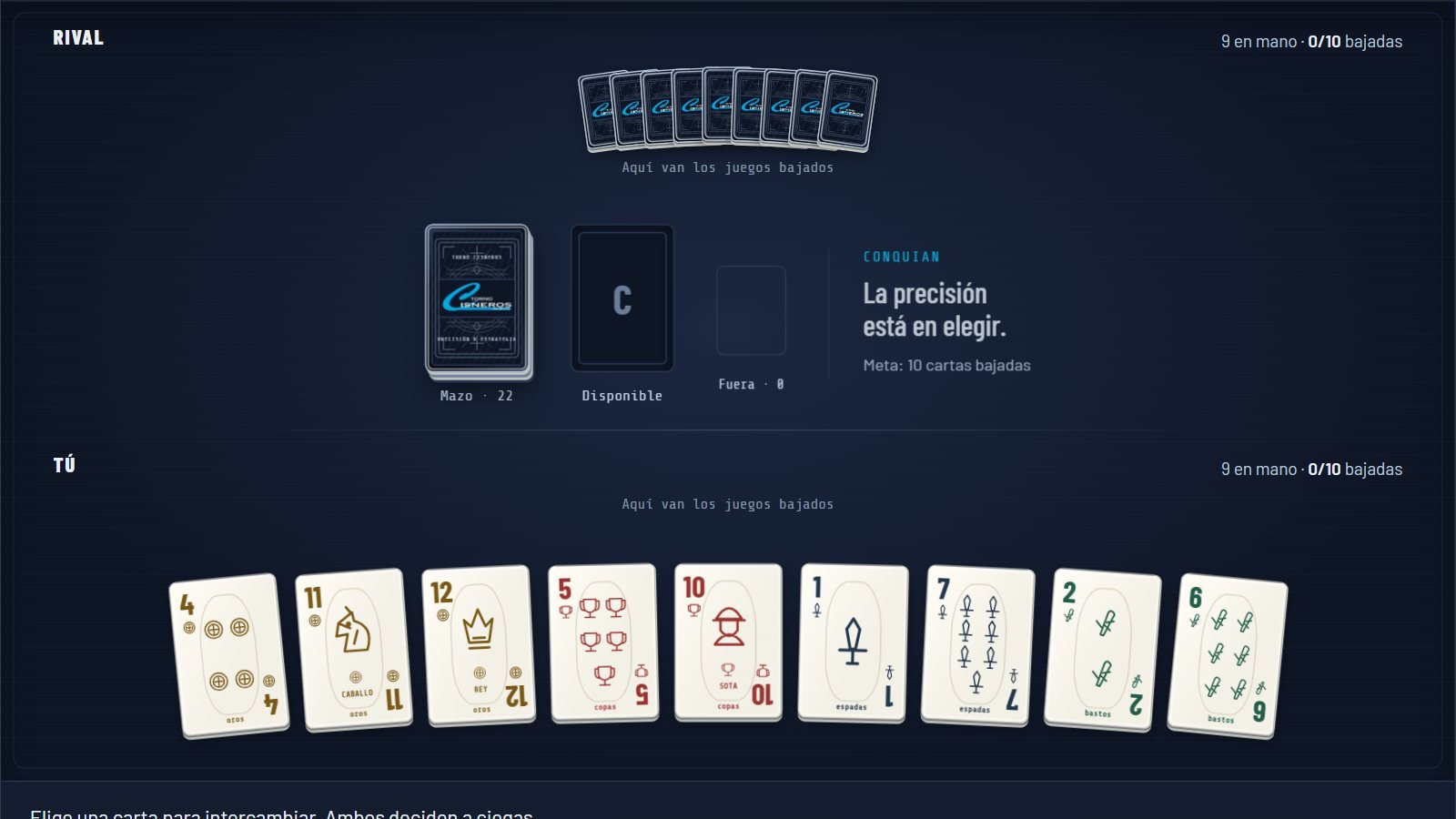 Captura de Conquian: mesa de juego con la baraja española personalizada de Torno Cisneros, mano del jugador y cartas del rival