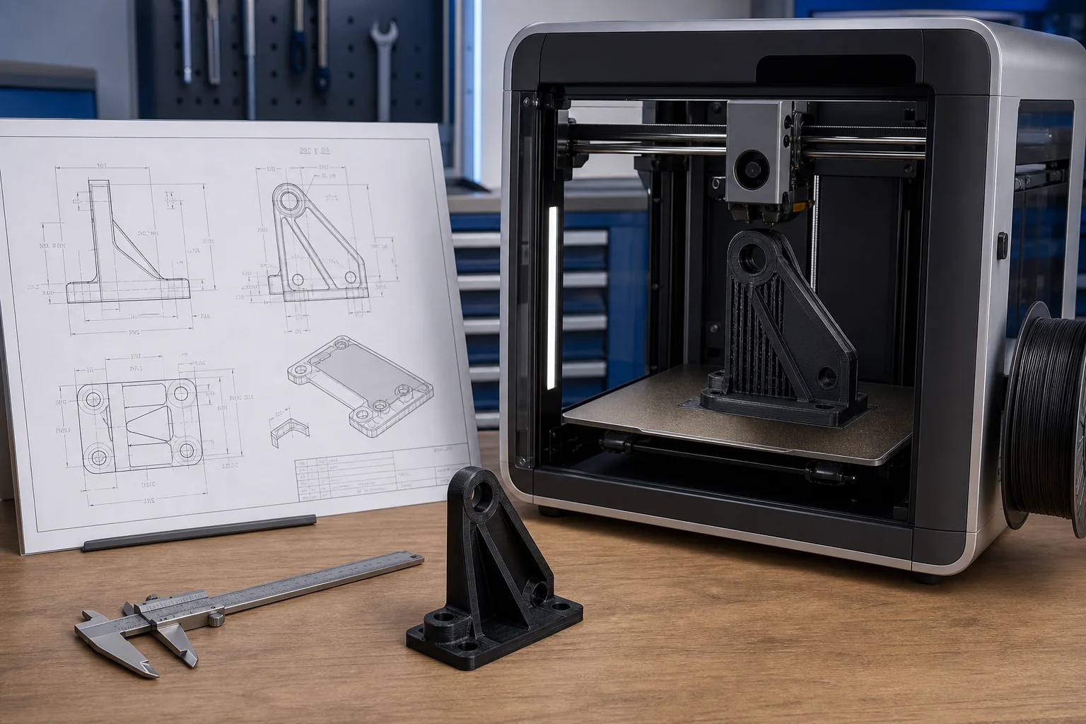 Plano técnico junto a una impresora 3D de gabinete fabricando la pieza diseñada